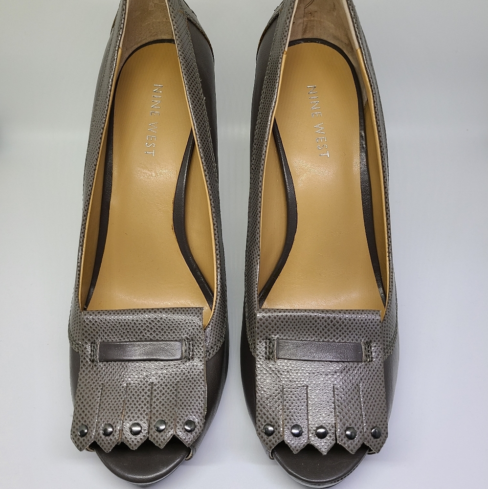 Nine West Gray Peep-Toe Leather Heels with Stud Detail